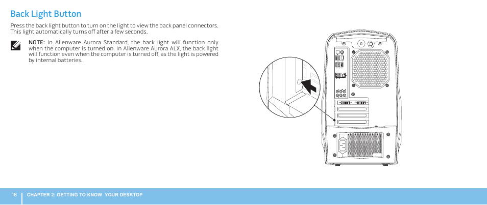 Back light button | Dell Alienware Aurora ALX (Late 2009) User Manual | Page 18 / 68