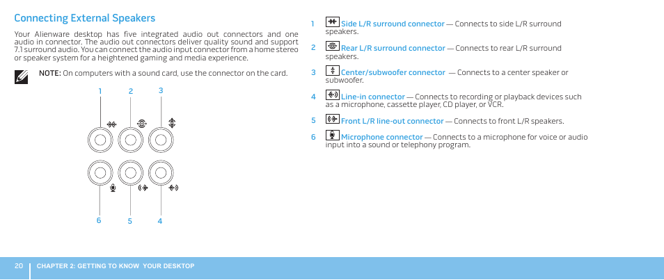 Connecting external speakers | Dell Alienware Aurora ALX (Late 2009) User Manual | Page 20 / 68