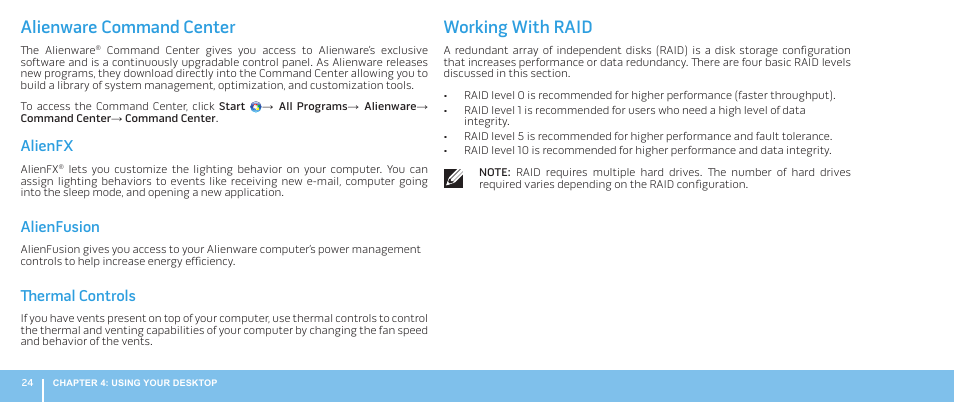 Alienware command center, Working with raid, Alienware command center working with raid | Alienfx, Alienfusion, Thermal controls | Dell Alienware Aurora ALX (Late 2009) User Manual | Page 24 / 68