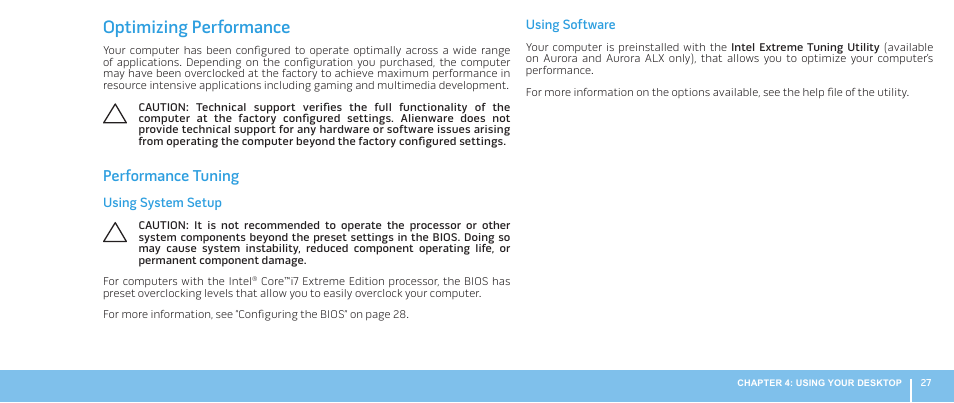 Optimizing performance, Performance tuning | Dell Alienware Aurora ALX (Late 2009) User Manual | Page 27 / 68