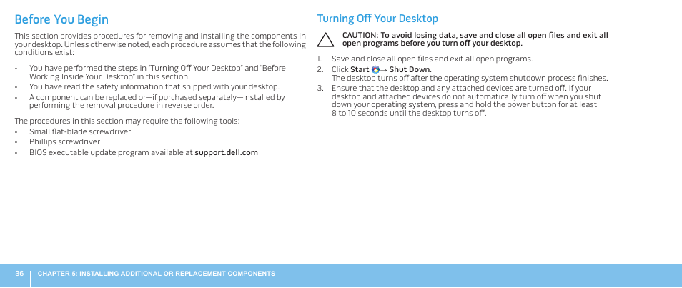 Before you begin, Turning off your desktop | Dell Alienware Aurora ALX (Late 2009) User Manual | Page 36 / 68