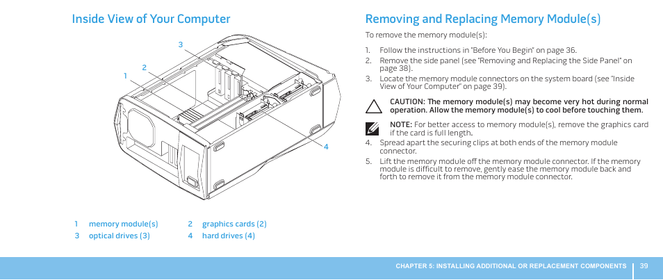 Inside view of your computer, Removing and replacing memory module(s) | Dell Alienware Aurora ALX (Late 2009) User Manual | Page 39 / 68