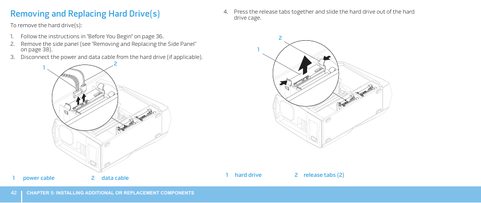 Removing and replacing hard drive(s) | Dell Alienware Aurora ALX (Late 2009) User Manual | Page 42 / 68