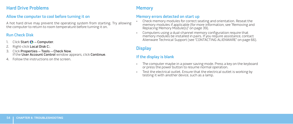 Hard drive problems, Display | Dell Alienware Aurora ALX (Late 2009) User Manual | Page 54 / 68