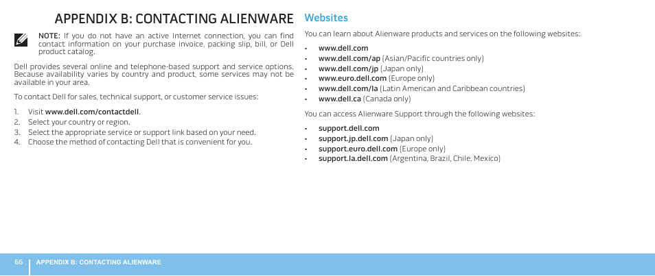 Appendix b: contacting alienware, Websites | Dell Alienware Aurora ALX (Late 2009) User Manual | Page 66 / 68