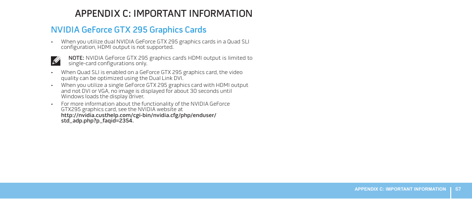 Appendix c: important information, Nvidia geforce gtx 295 graphics cards | Dell Alienware Aurora ALX (Late 2009) User Manual | Page 67 / 68