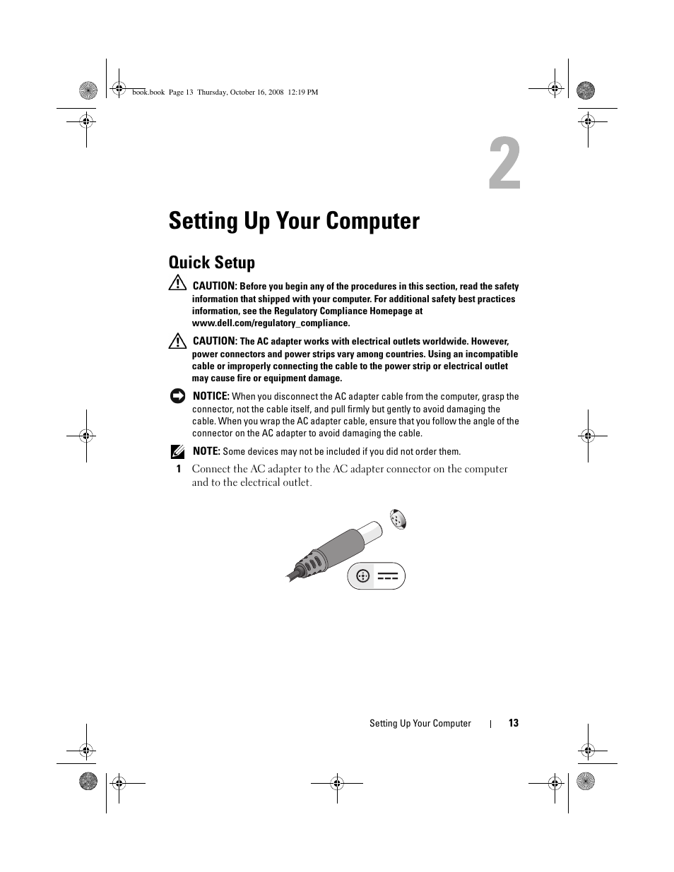 Setting up your computer, Quick setup | Dell Latitude E4300 (Late 2008) User Manual | Page 13 / 70