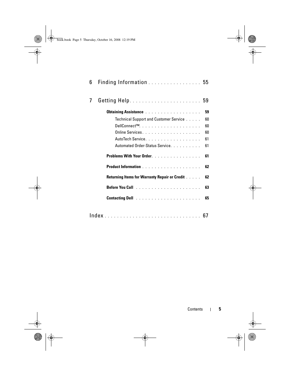 6finding information, 55 7 getting help, Index | Dell Latitude E4300 (Late 2008) User Manual | Page 5 / 70