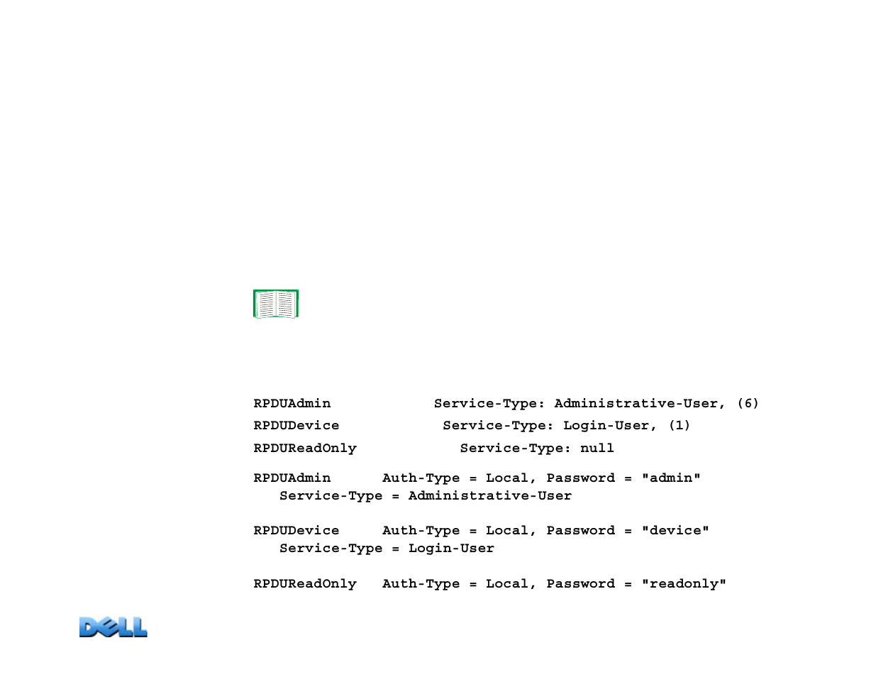 Configure the radius server, Example using service-type attributes, User’s guide | Mete red rac k pdu | Dell Metered PDU LED User Manual | Page 169 / 180