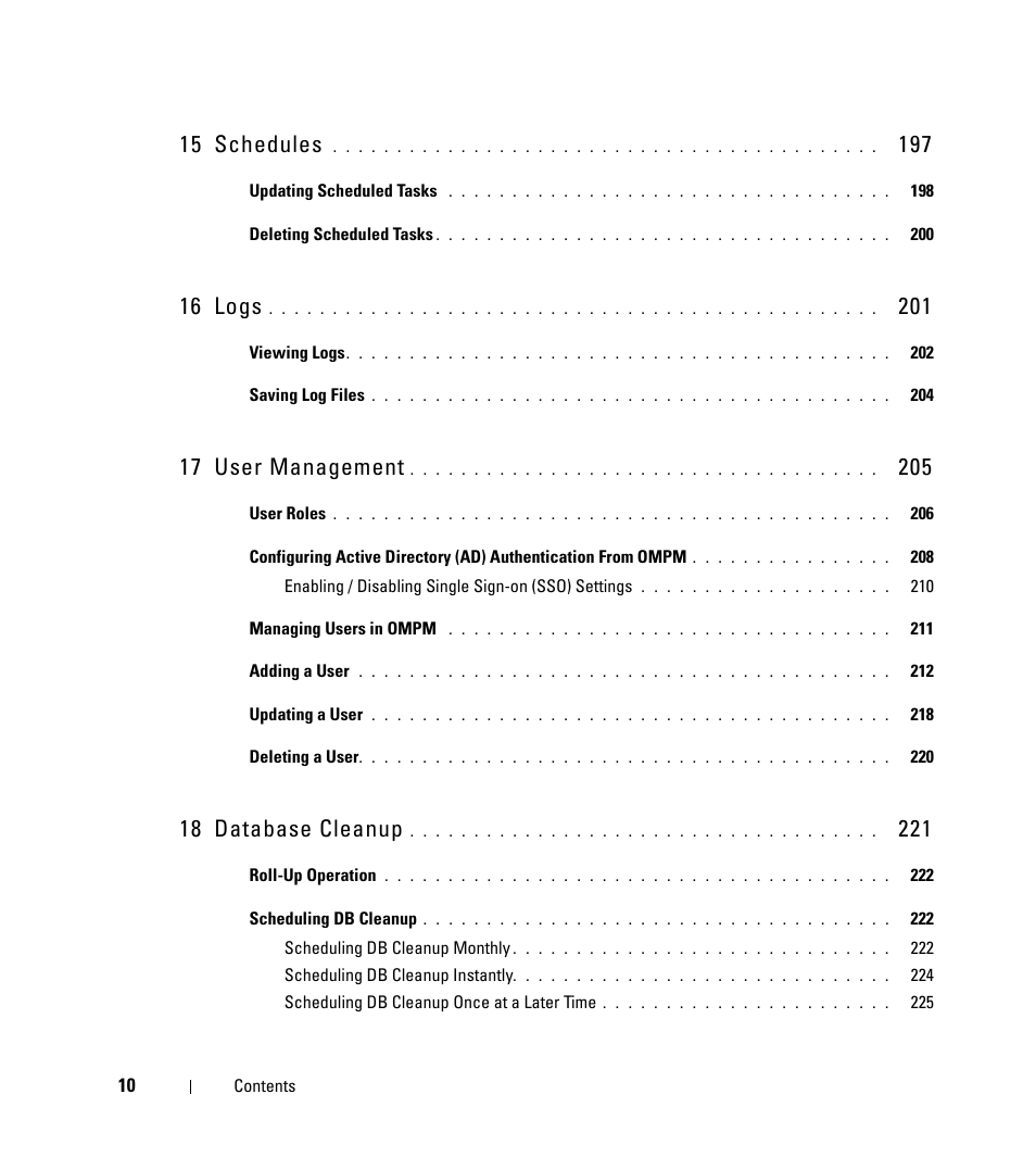15 schedules, 16 logs, 17 user management | 18 database cleanup | Dell Open Manage Print Manager Software User Manual | Page 10 / 276