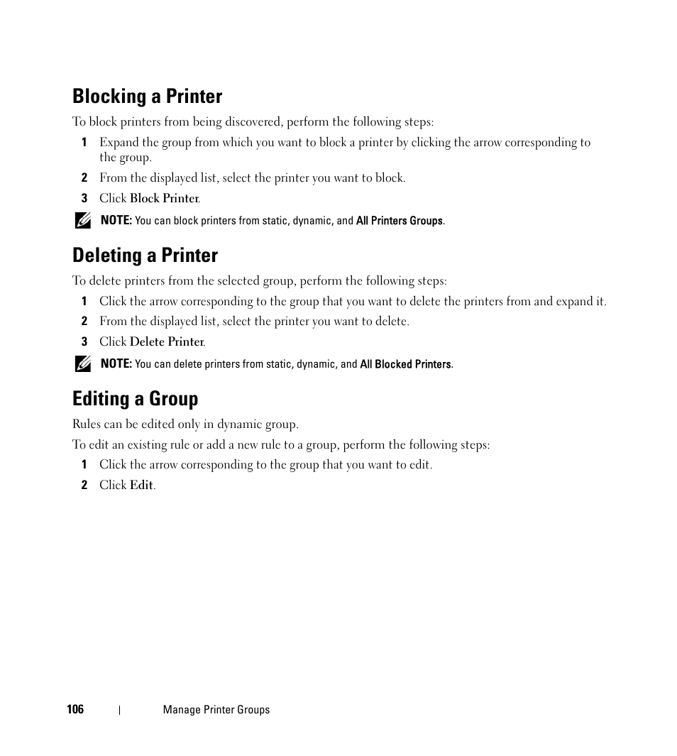 Blocking a printer, Deleting a printer, Editing a group | Dell Open Manage Print Manager Software User Manual | Page 106 / 276