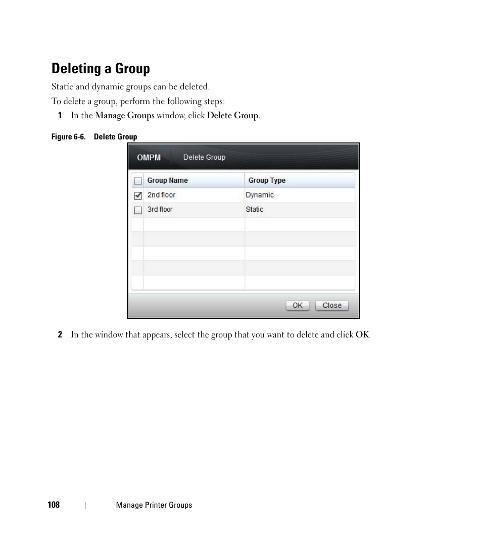 Deleting a group | Dell Open Manage Print Manager Software User Manual | Page 108 / 276