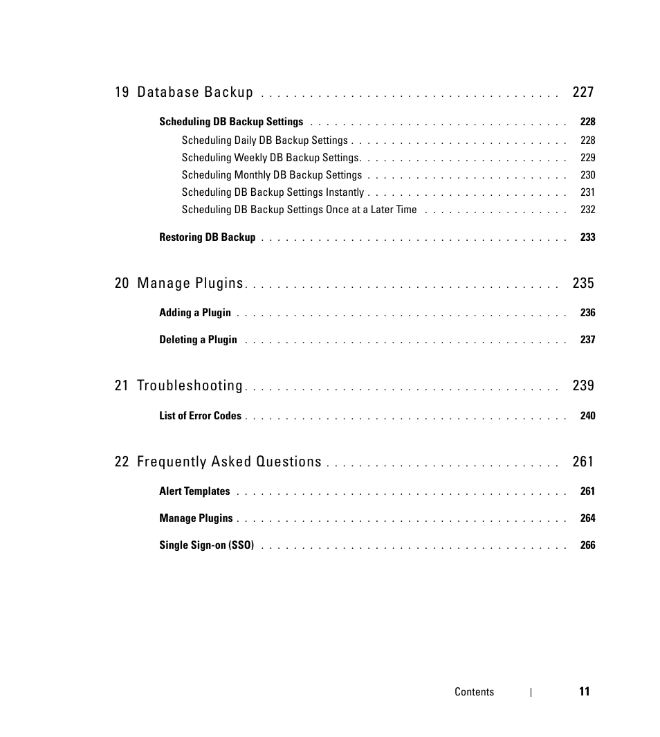 19 database backup, 20 manage plugins, 21 troubleshooting | 22 frequently asked questions | Dell Open Manage Print Manager Software User Manual | Page 11 / 276