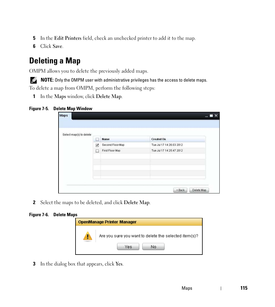 Deleting a map | Dell Open Manage Print Manager Software User Manual | Page 115 / 276