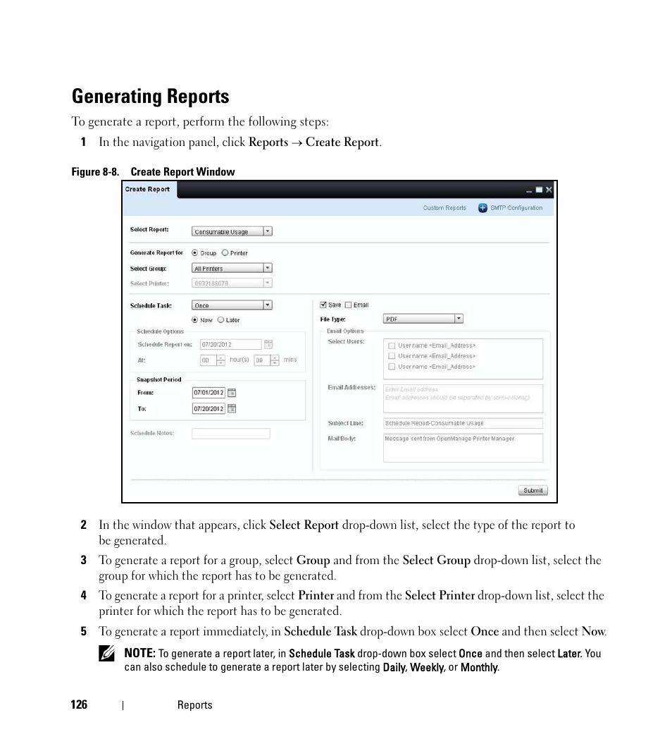 Generating reports | Dell Open Manage Print Manager Software User Manual | Page 126 / 276