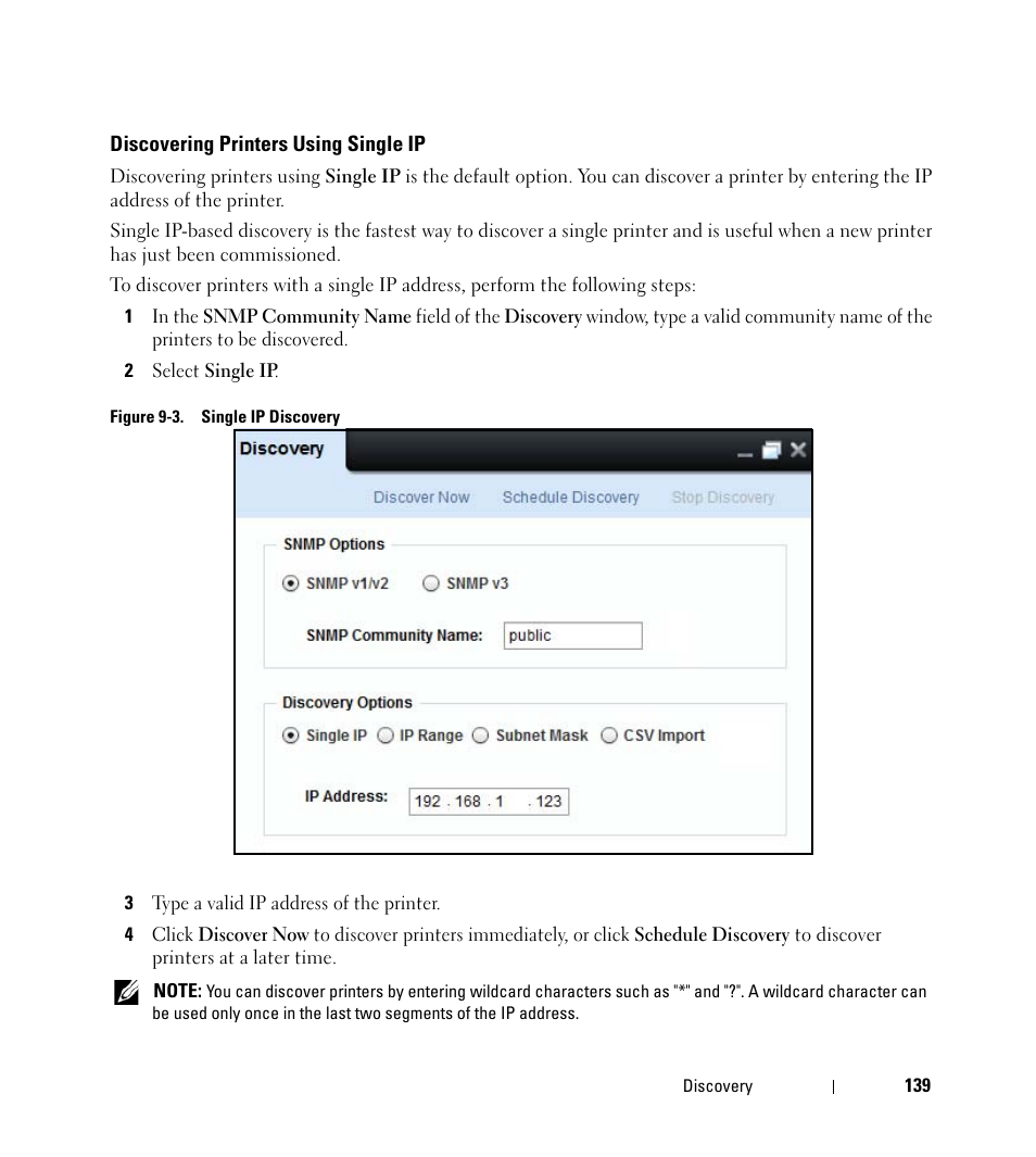 Discovering printers using single ip | Dell Open Manage Print Manager Software User Manual | Page 139 / 276