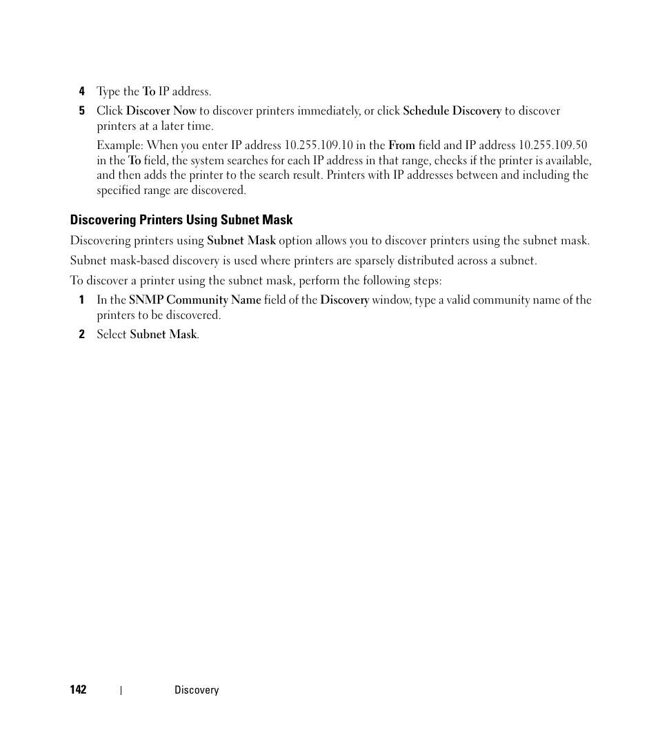 Discovering printers using subnet mask | Dell Open Manage Print Manager Software User Manual | Page 142 / 276