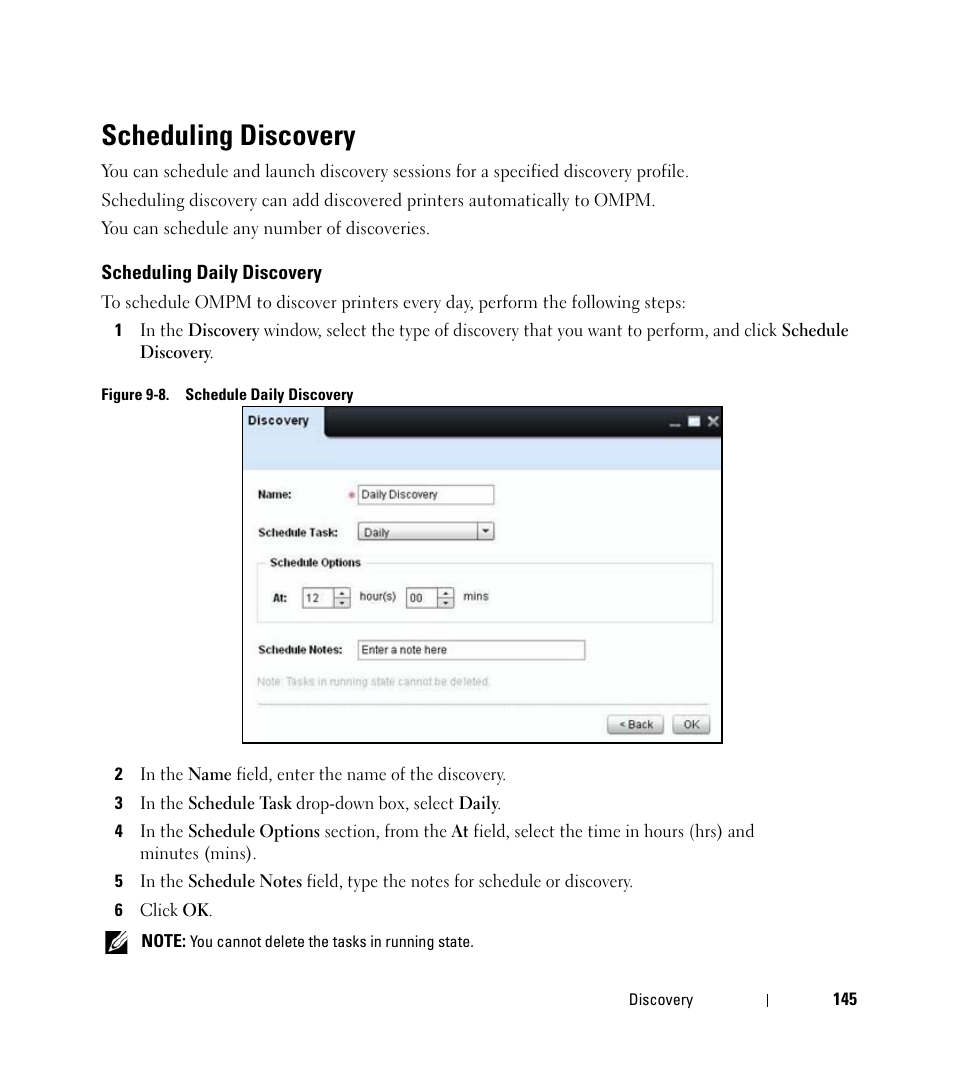 Scheduling discovery, Scheduling daily discovery | Dell Open Manage Print Manager Software User Manual | Page 145 / 276