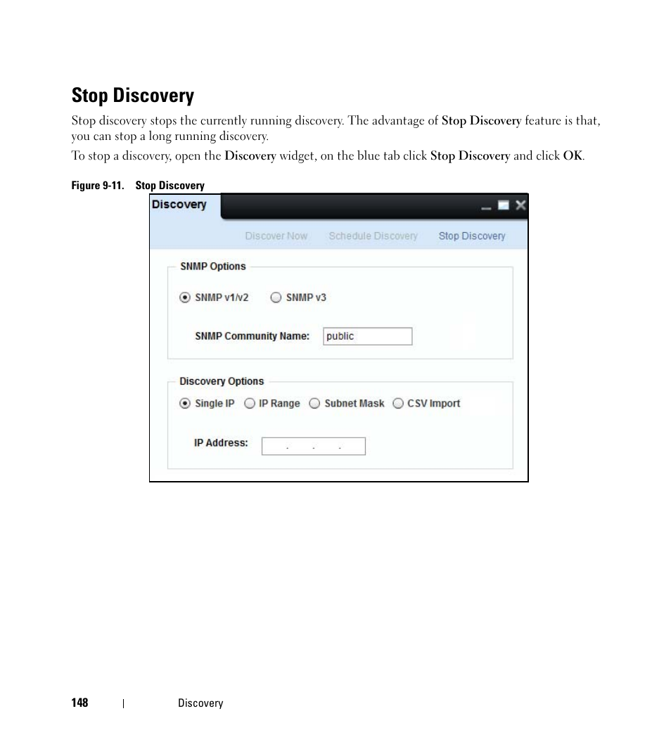 Stop discovery | Dell Open Manage Print Manager Software User Manual | Page 148 / 276