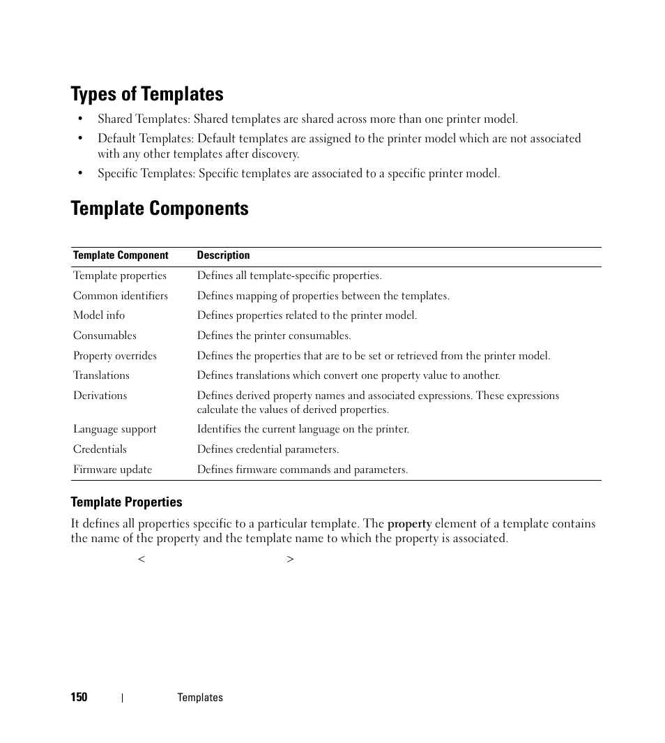Types of templates, Template components | Dell Open Manage Print Manager Software User Manual | Page 150 / 276