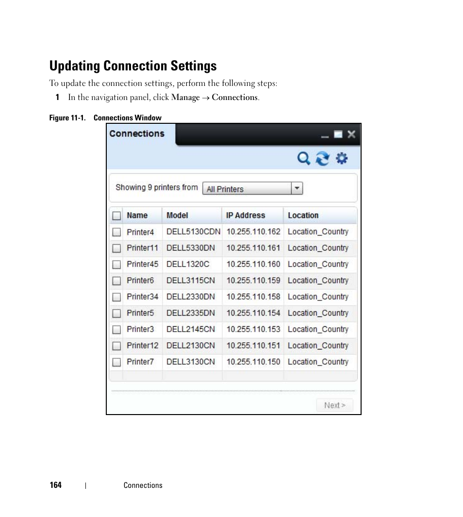 Updating connection settings | Dell Open Manage Print Manager Software User Manual | Page 164 / 276
