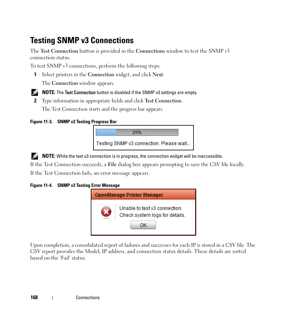 Testing snmp v3 connections | Dell Open Manage Print Manager Software User Manual | Page 168 / 276