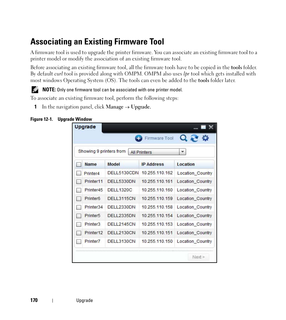 Associating an existing firmware tool | Dell Open Manage Print Manager Software User Manual | Page 170 / 276