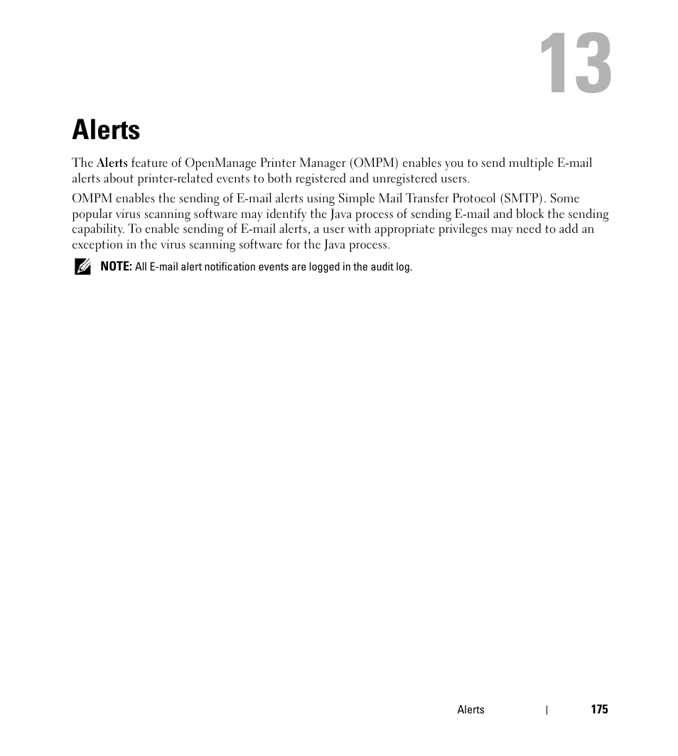 Alerts | Dell Open Manage Print Manager Software User Manual | Page 175 / 276