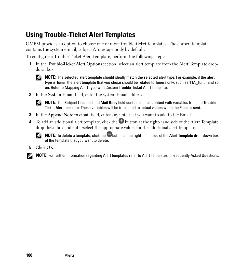 Using trouble-ticket alert templates | Dell Open Manage Print Manager Software User Manual | Page 180 / 276