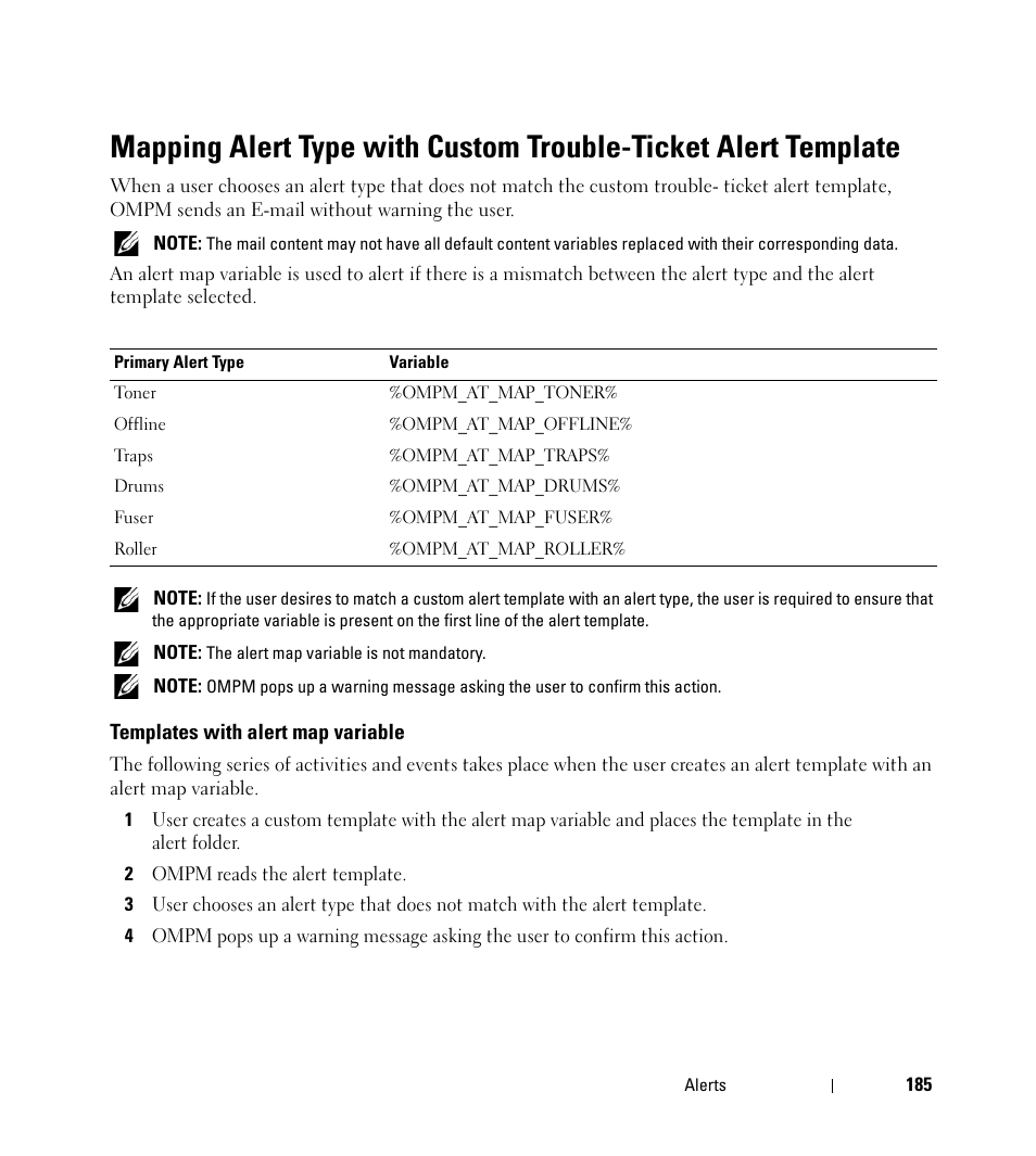Templates with alert map variable | Dell Open Manage Print Manager Software User Manual | Page 185 / 276
