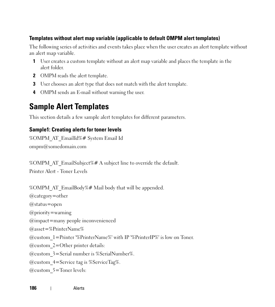 Sample alert templates, Sample1: creating alerts for toner levels | Dell Open Manage Print Manager Software User Manual | Page 186 / 276