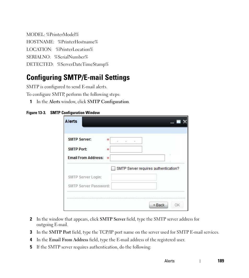 Configuring smtp/e-mail settings | Dell Open Manage Print Manager Software User Manual | Page 189 / 276