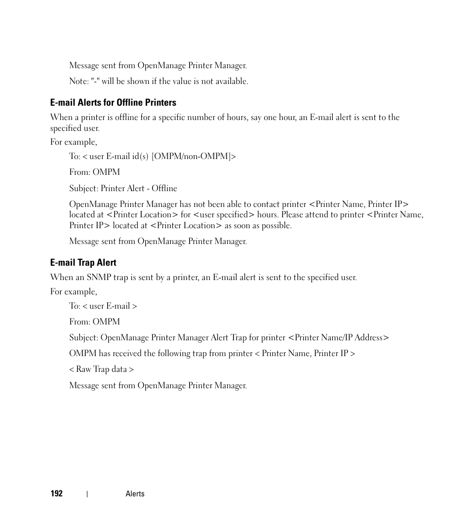 E-mail alerts for offline printers, E-mail trap alert | Dell Open Manage Print Manager Software User Manual | Page 192 / 276