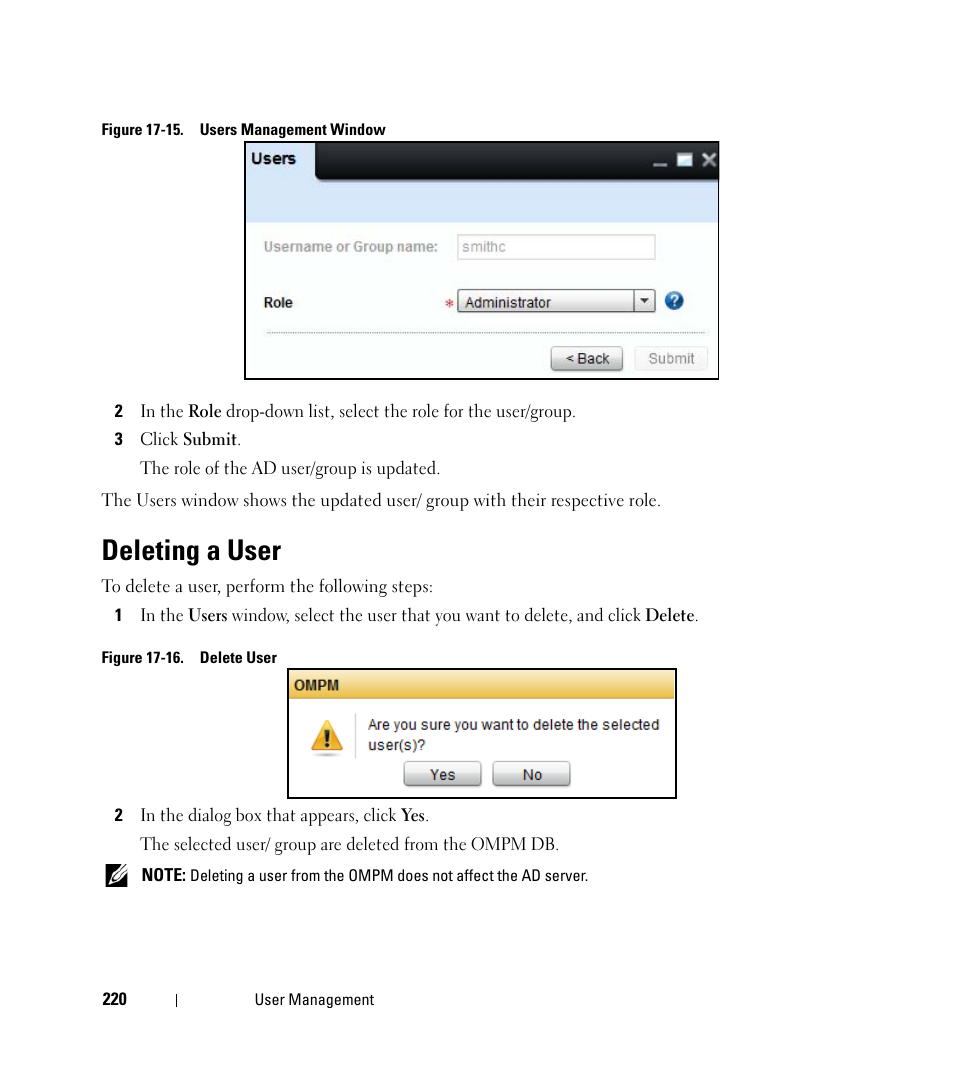 Deleting a user | Dell Open Manage Print Manager Software User Manual | Page 220 / 276