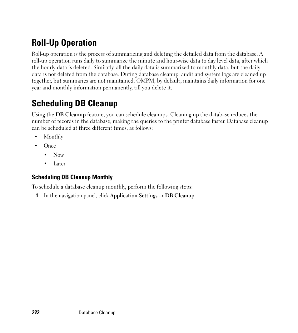 Roll-up operation, Scheduling db cleanup, Scheduling db cleanup monthly | Dell Open Manage Print Manager Software User Manual | Page 222 / 276
