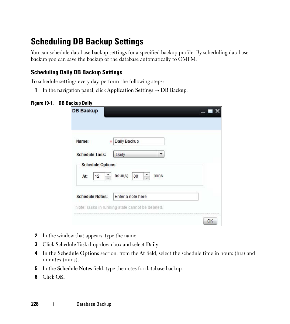 Scheduling db backup settings, Scheduling daily db backup settings | Dell Open Manage Print Manager Software User Manual | Page 228 / 276