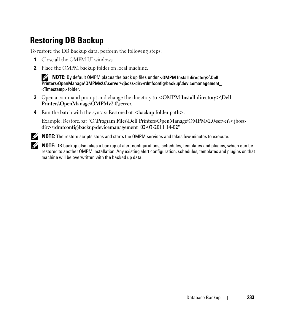 Restoring db backup | Dell Open Manage Print Manager Software User Manual | Page 233 / 276