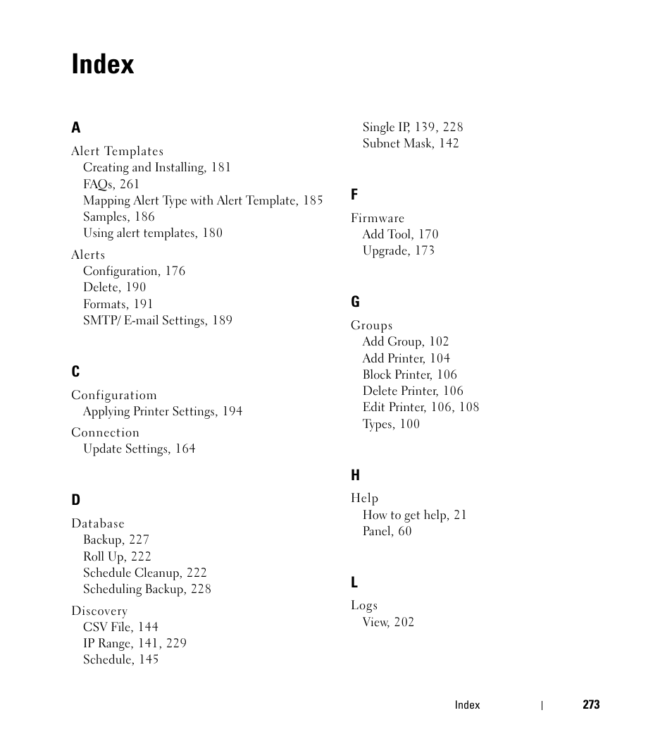 Index | Dell Open Manage Print Manager Software User Manual | Page 273 / 276