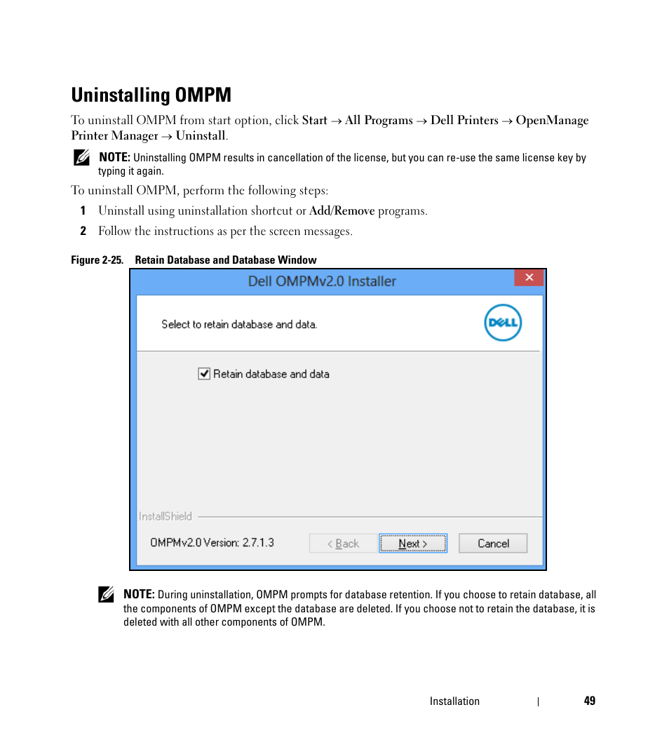 Uninstalling ompm | Dell Open Manage Print Manager Software User Manual | Page 49 / 276