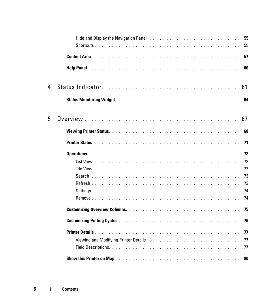 4 status indicator, 5 overview | Dell Open Manage Print Manager Software User Manual | Page 6 / 276