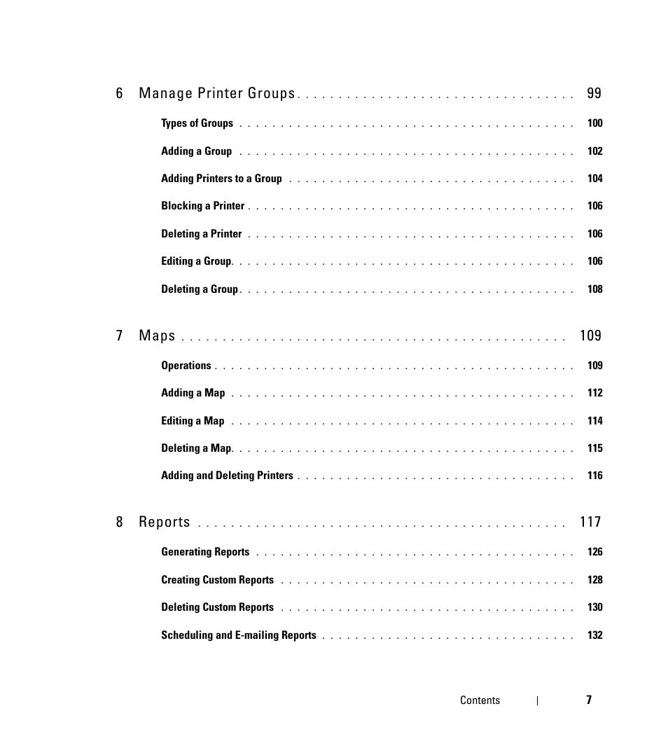 6 manage printer groups, 7 maps, 8 reports | Dell Open Manage Print Manager Software User Manual | Page 7 / 276