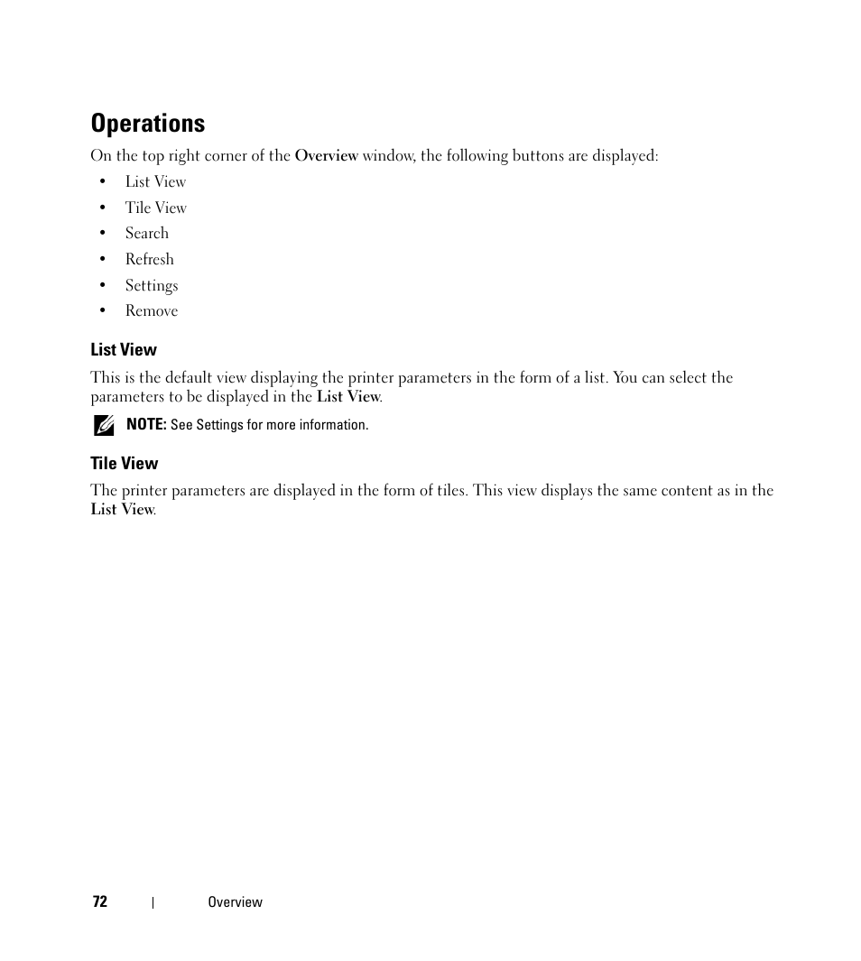 Operations, List view, Tile view | Dell Open Manage Print Manager Software User Manual | Page 72 / 276