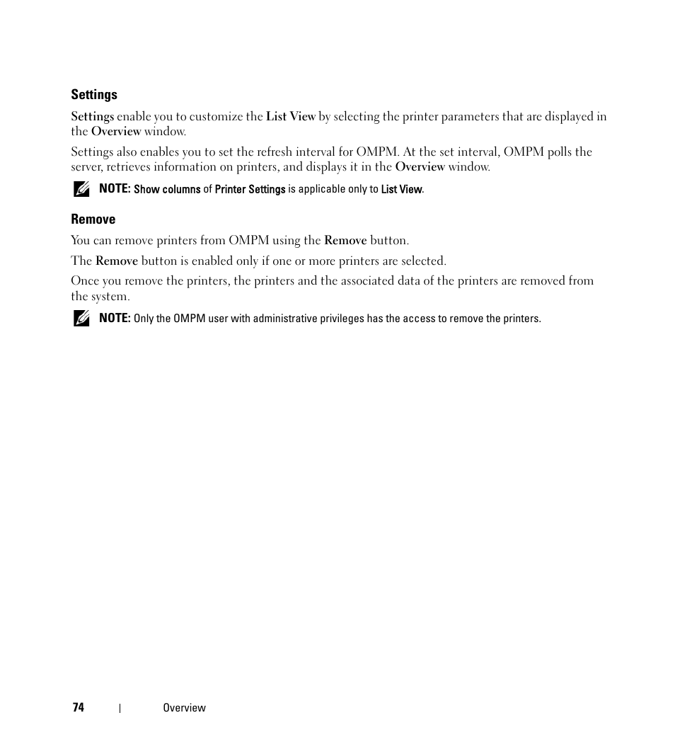 Settings, Remove | Dell Open Manage Print Manager Software User Manual | Page 74 / 276
