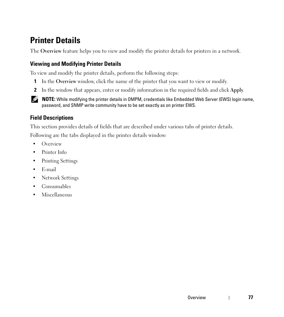 Printer details, Viewing and modifying printer details, Field descriptions | Dell Open Manage Print Manager Software User Manual | Page 77 / 276