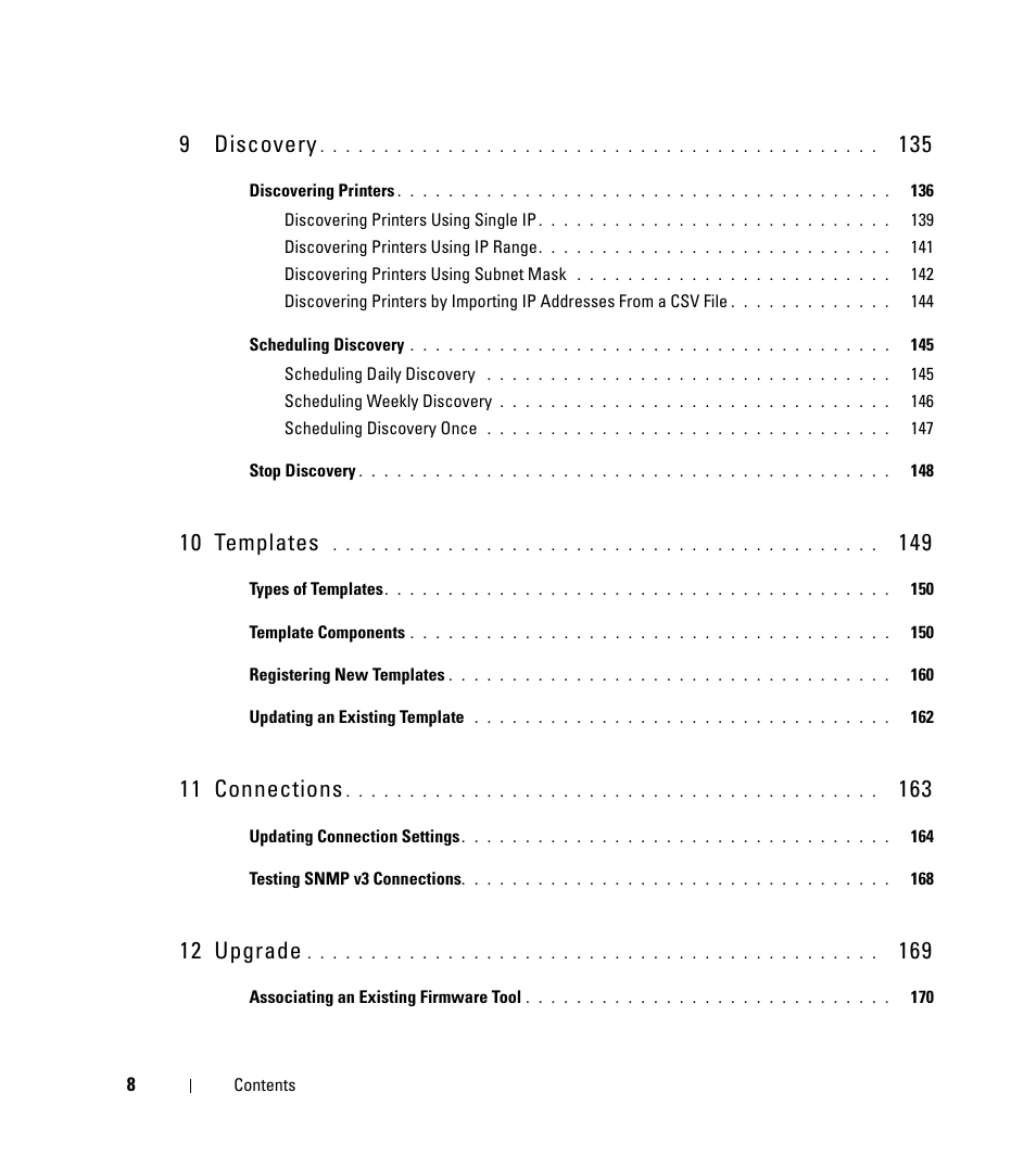 9 discovery, 10 templates, 11 connections | 12 upgrade | Dell Open Manage Print Manager Software User Manual | Page 8 / 276