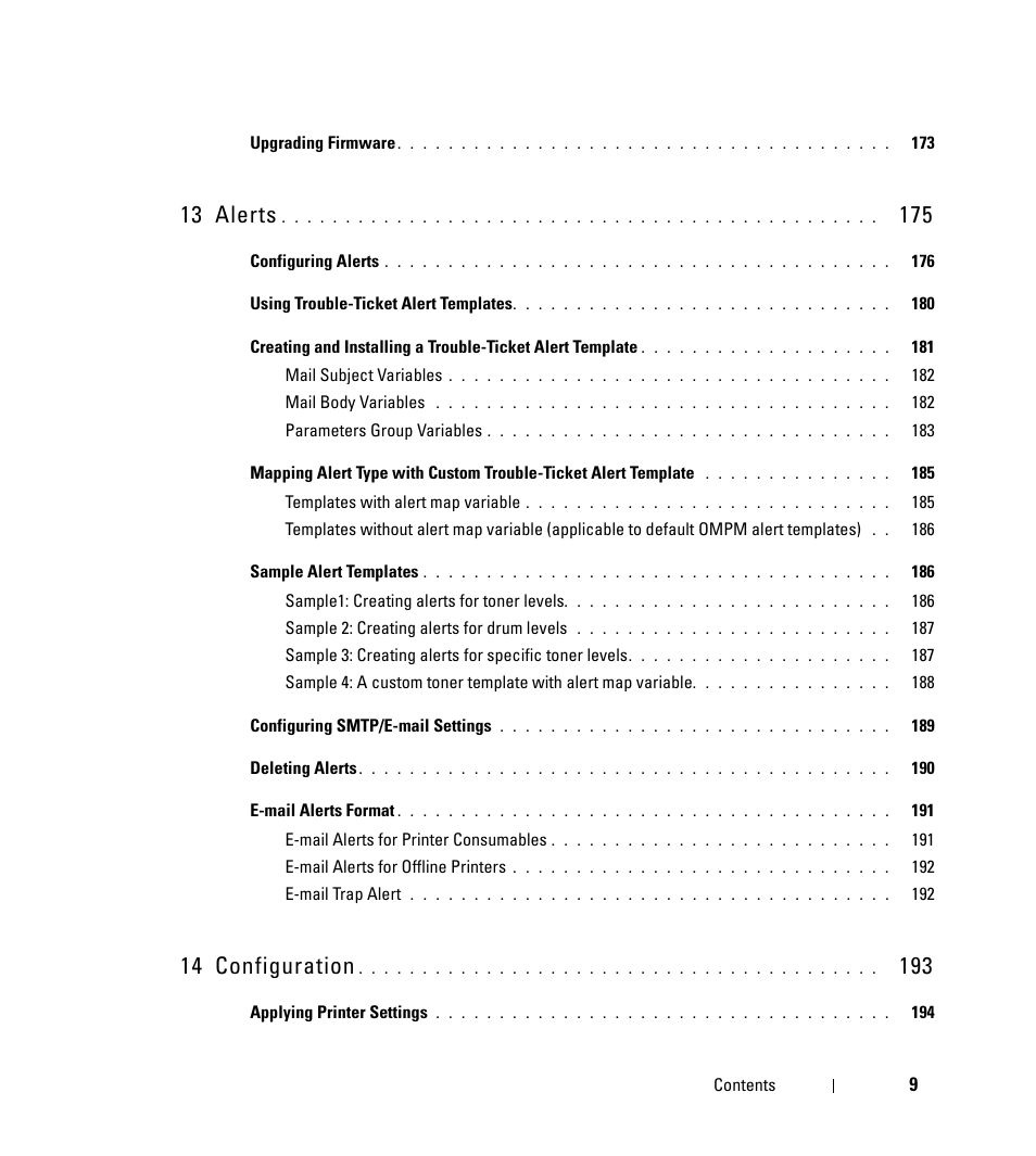 13 alerts, 14 configuration | Dell Open Manage Print Manager Software User Manual | Page 9 / 276