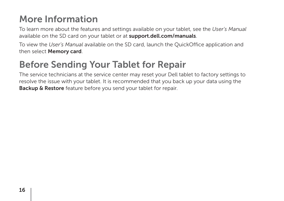 More information, Before sending your tablet for repair | Dell Mobile Streak 7 User Manual | Page 18 / 20