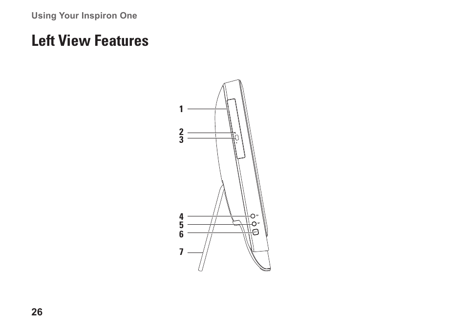 Left view features | Dell Inspiron One 2305 (Mid 2010) User Manual | Page 28 / 92