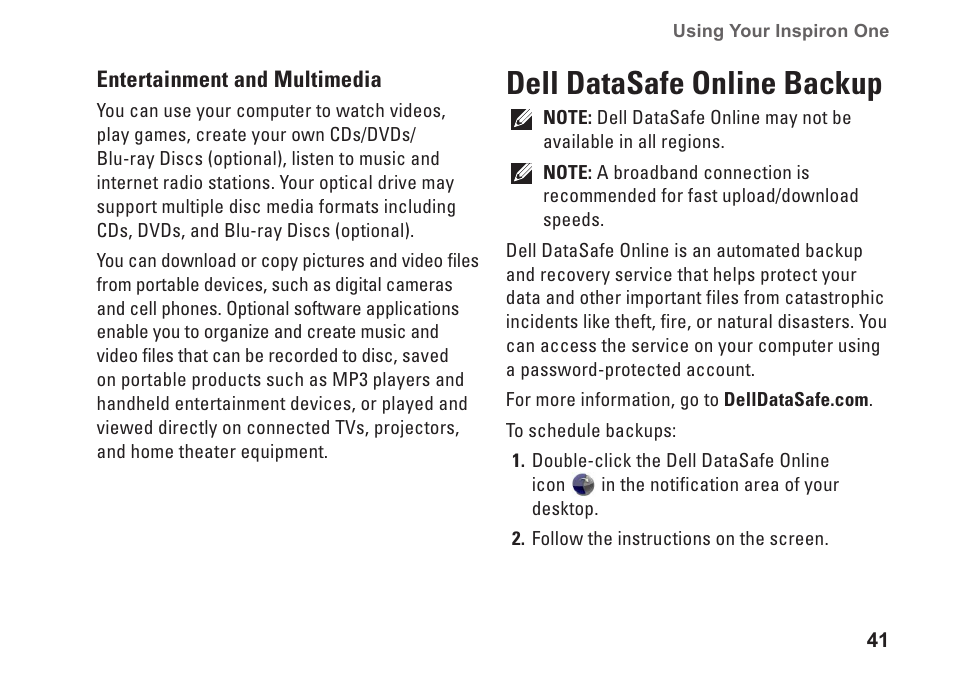 Dell datasafe online backup | Dell Inspiron One 2305 (Mid 2010) User Manual | Page 43 / 92