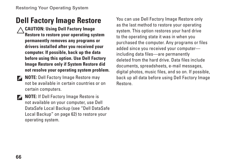 Dell factory image restore | Dell Inspiron One 2305 (Mid 2010) User Manual | Page 68 / 92